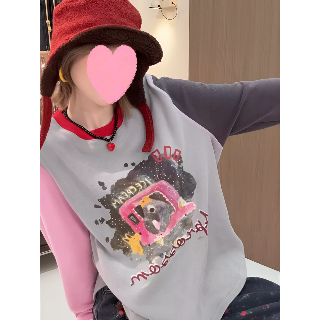 2025新款冬季慕莱绒休闲风长袖小众常规T恤撞色卡通印花上衣6050