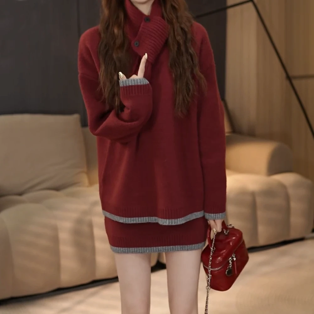 宽松百搭慵懒风撞色圆领针织毛衣短裙两件套冬季新年红色裙子套装