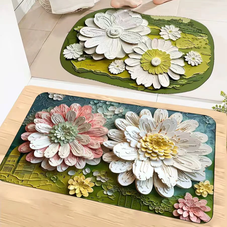 【椭圆+方形 两个装】油画小雏菊立体花卉吸水防滑卫生间浴室地垫