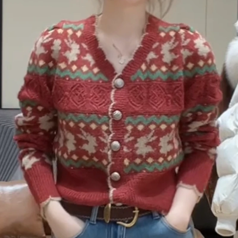 冬季氛围感彩色V领毛针织长袖时尚百搭上衣LK2509022