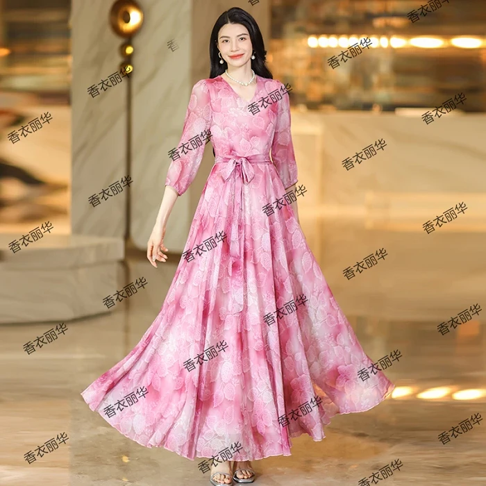 暖长裙夏季宴会树脂固色气质法式优雅长款长袖连衣裙2239