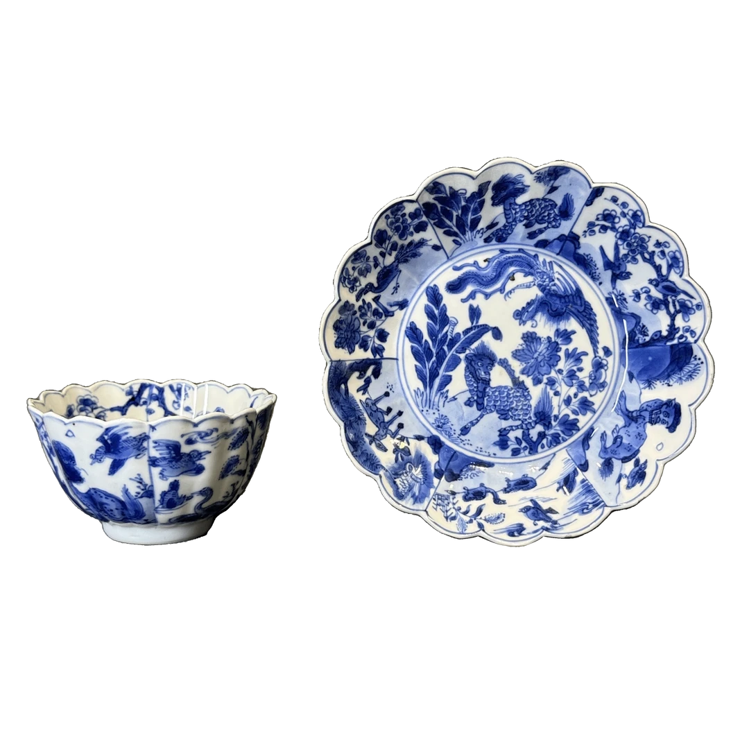 25300566t青花麒麟斗凤纹花口杯碟套