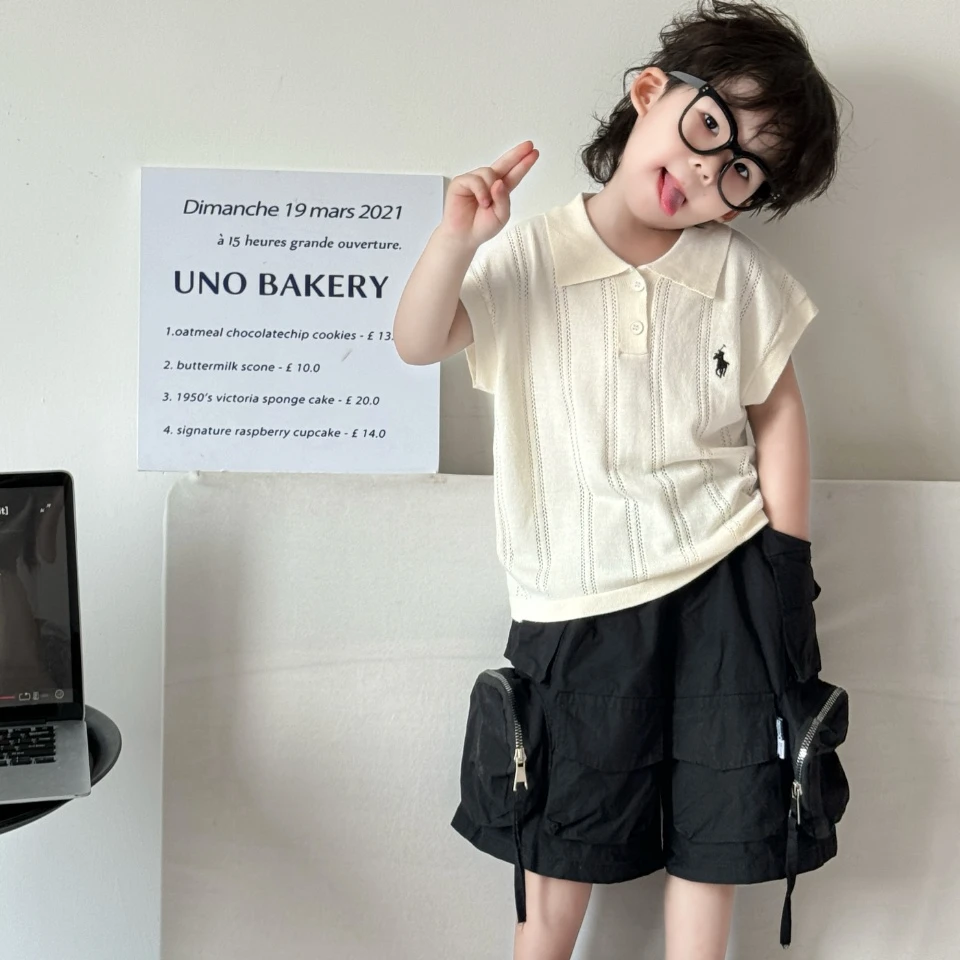 儿童夏季上衣老钱风polo衫短袖镂空莱赛尔刺绣男女童洋气透气百搭