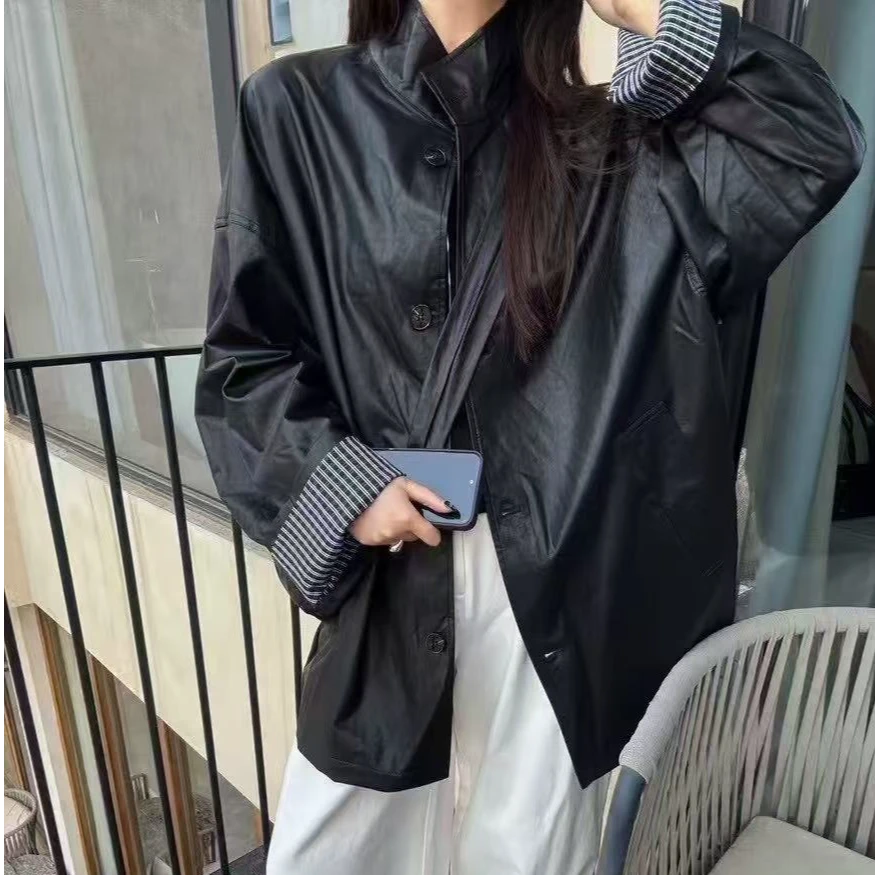 722宽松中长款休闲PU皮衣外套女早春新款高级感立领上衣配包包