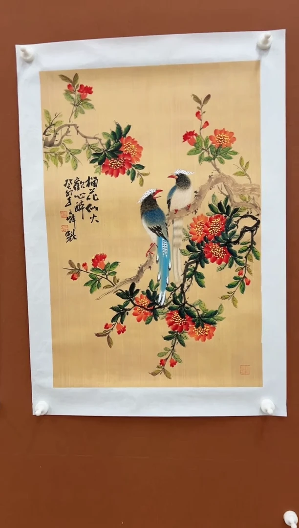 国画李文峰四尺三开工笔花鸟