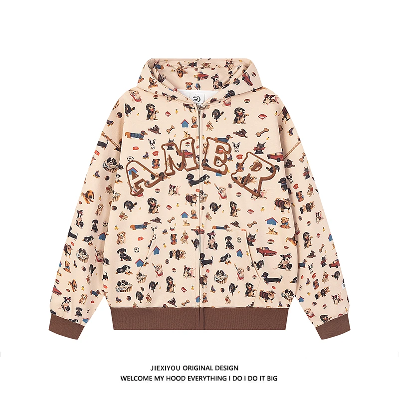 JIEXIYOU美式复古潮牌猫狗拉链连帽卫衣oversize卡通情侣帽衫