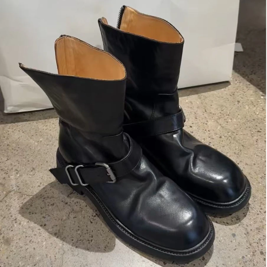 诗姗姗马丁靴女2025秋季新款时尚皱褶复古中筒时装靴23316-2