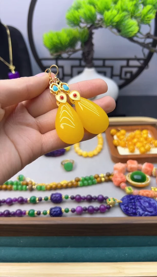 【闪购商品】蜜蜡耳饰14K金镶嵌E163