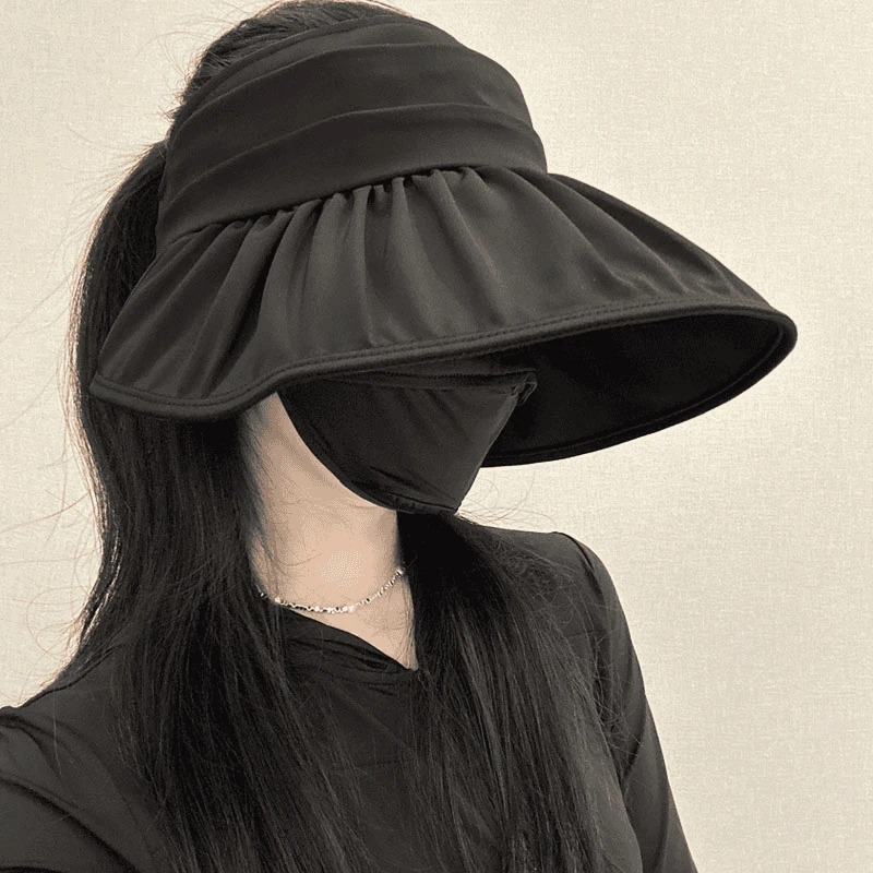 24S/S优雅百褶大扇形半空顶帽遮阳凉感冰丝防晒帽女扎马尾帽子夏