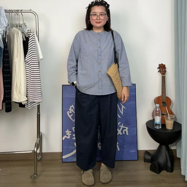 大码早秋穿搭女韩版复古气质感圆领长袖条纹衬衫休闲简约宽松
