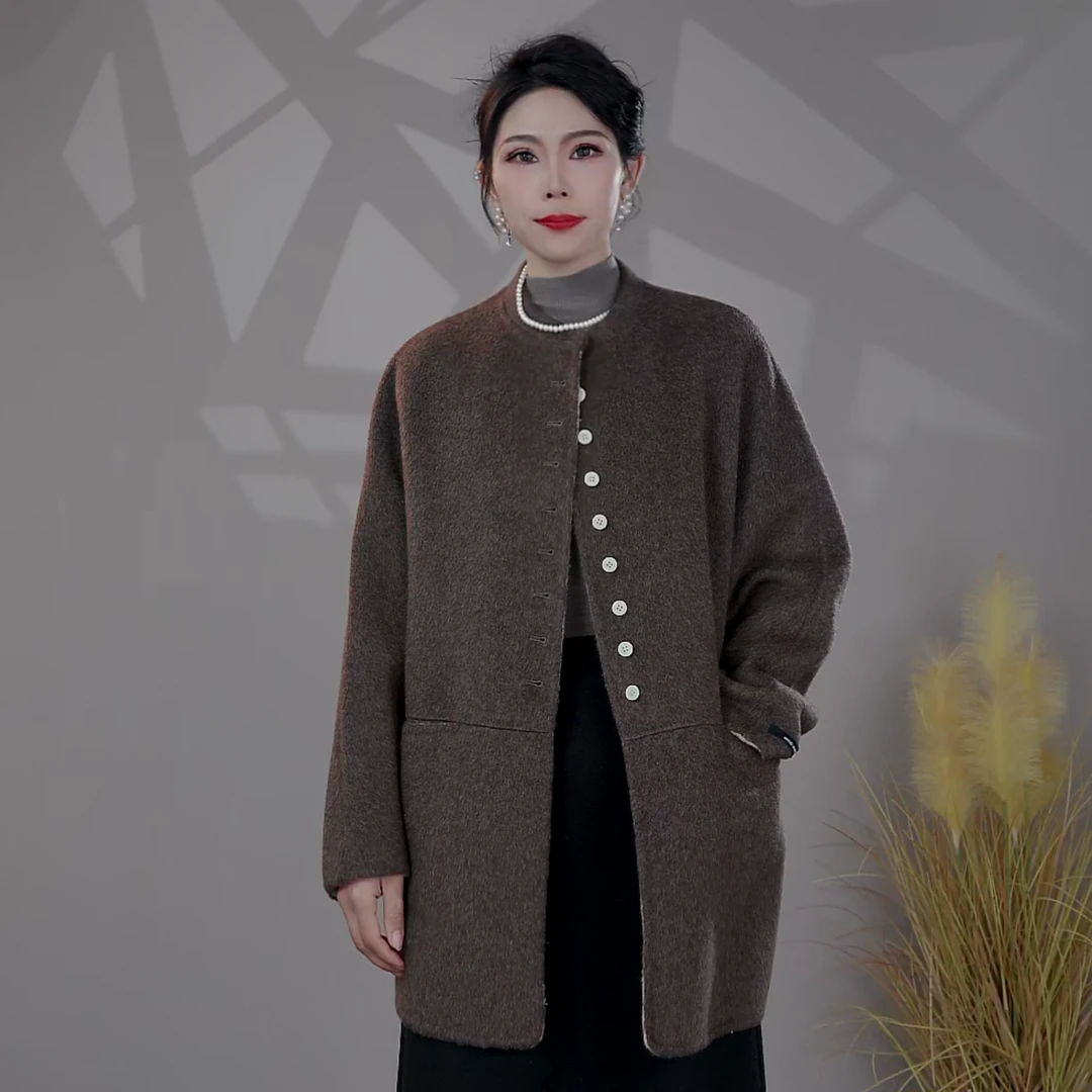 【羊驼大衣】9608-小个子气质时尚宽松羊驼羊毛大衣中长款女装外套