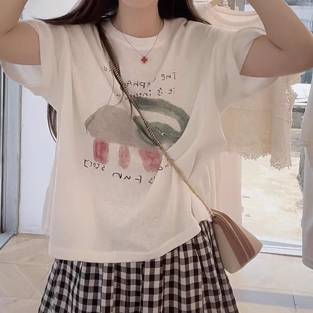 轻薄透气~2025新款女士短宽松雪花棉卡通图案休闲韩版短袖T恤ins