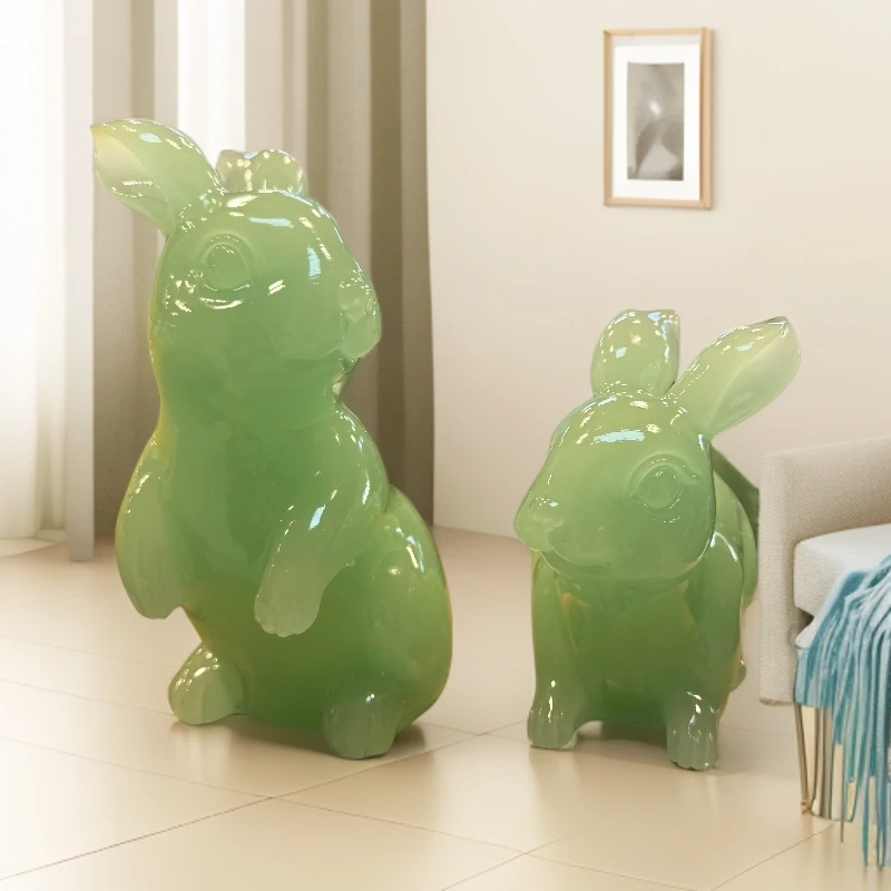 蓝冰玉色兔子摆件家里玄关电视柜装饰品乔迁之喜新居礼物     SPB