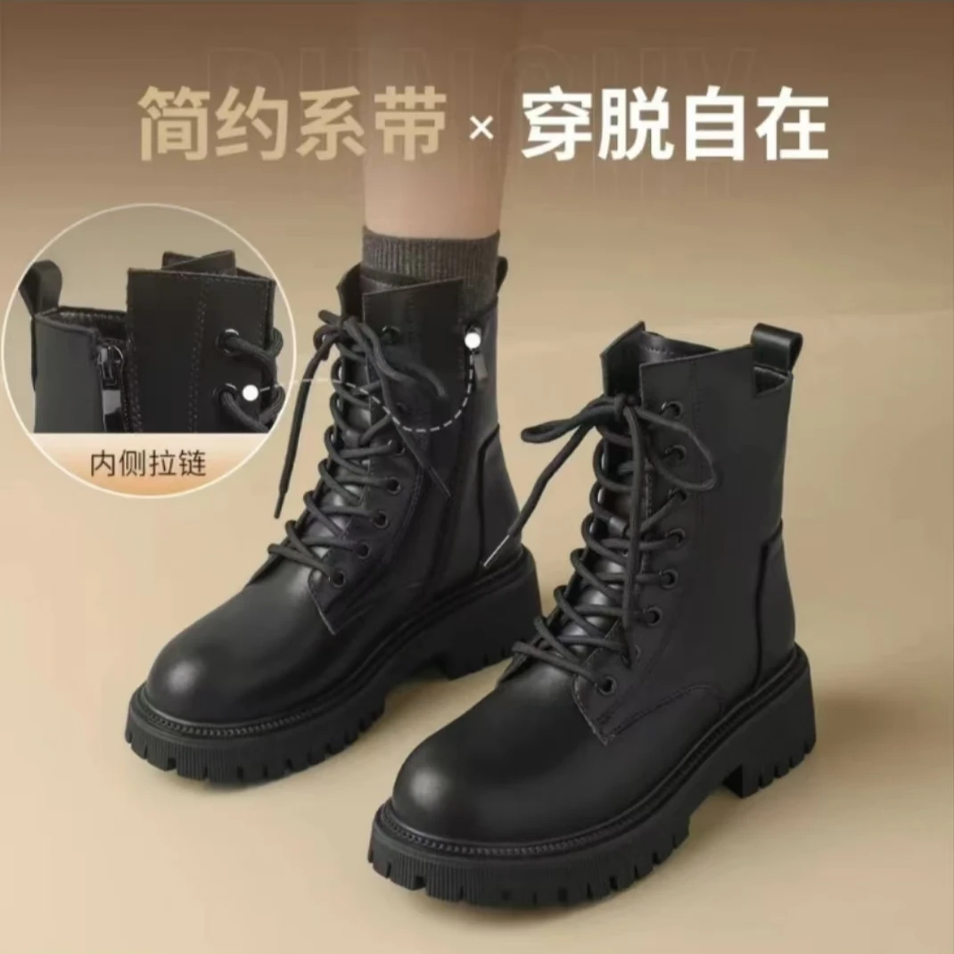 马丁靴女2025新款春季爆款英伦风厚底瘦瘦短靴黑色靴子百搭单靴