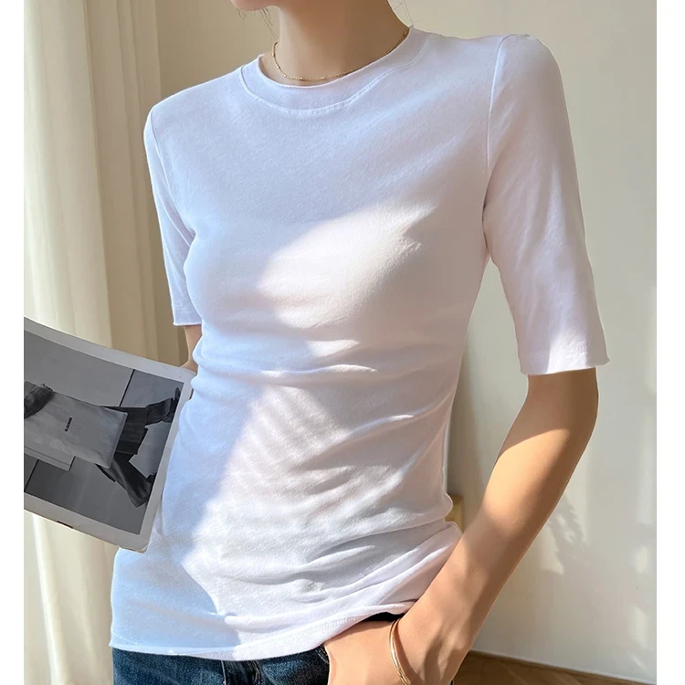 白色五分袖女士t恤2025新款夏季紧身薄款秋装女款爆款2025新款