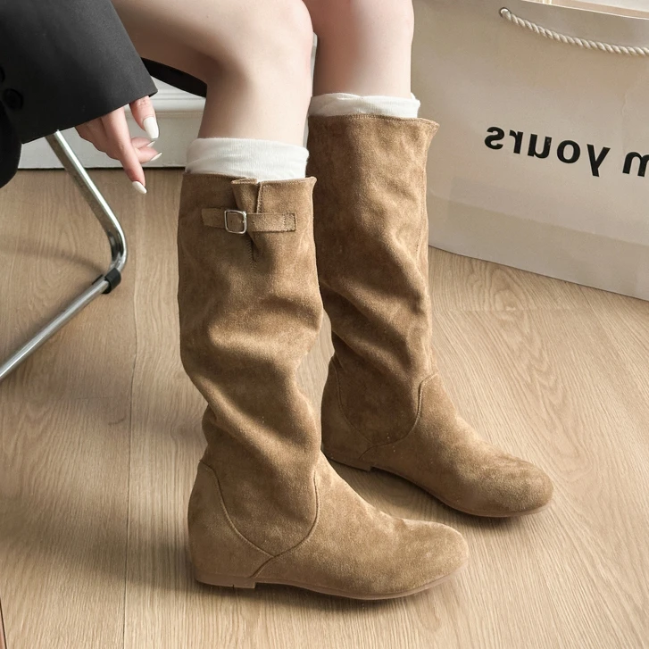 增高版慵懒女秋冬复古堆堆靴法式显瘦高筒靴粗跟靴子女长筒靴