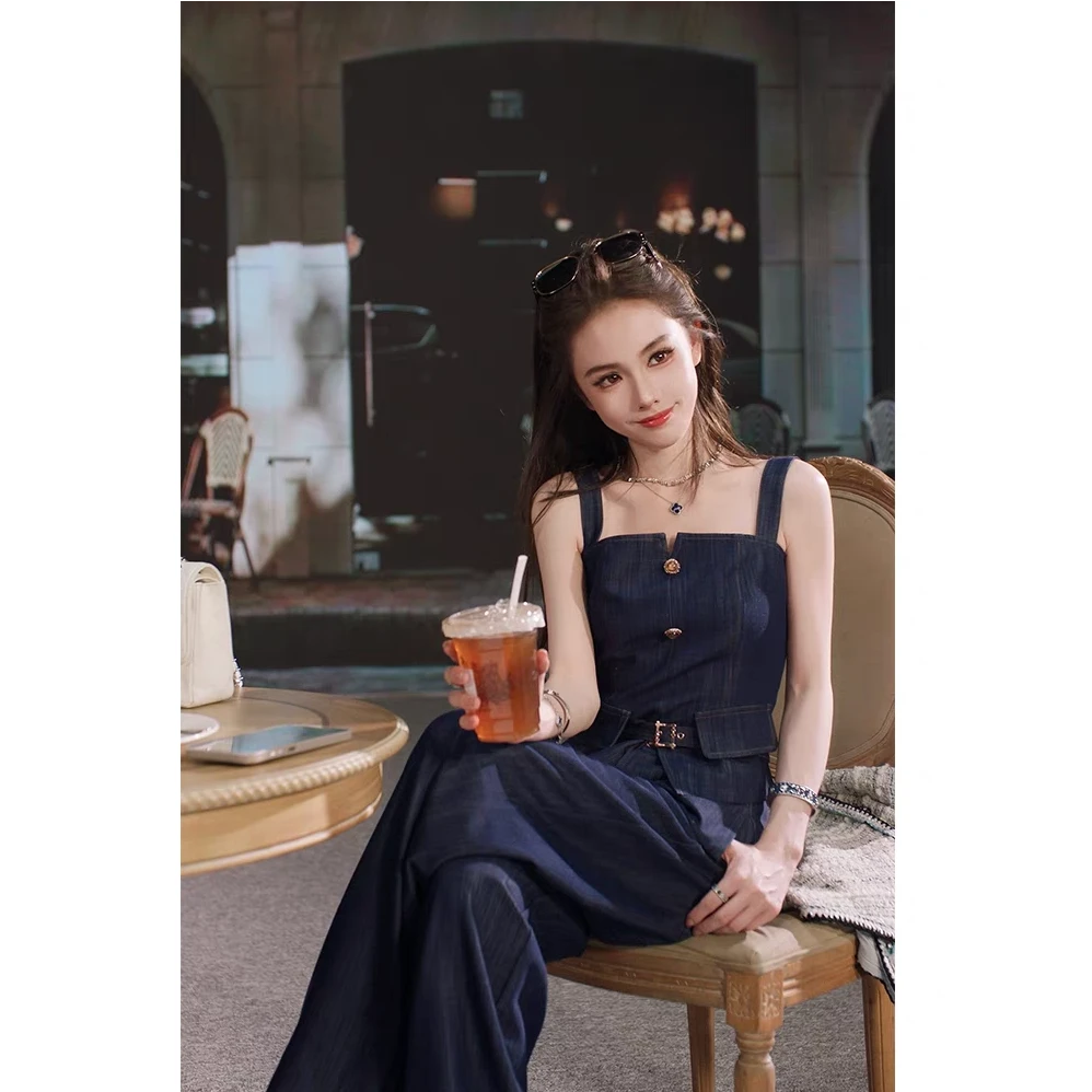 A257 又酷又飒吊带套装女夏季新款韩系chic休闲显瘦阔腿裤两件套