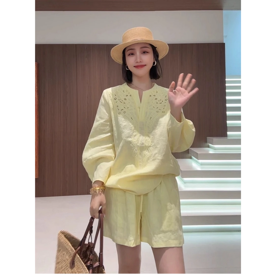 高级感刺绣亚麻衬衫套装女秋慵懒度假风长袖棉麻防晒衣短裤两件套