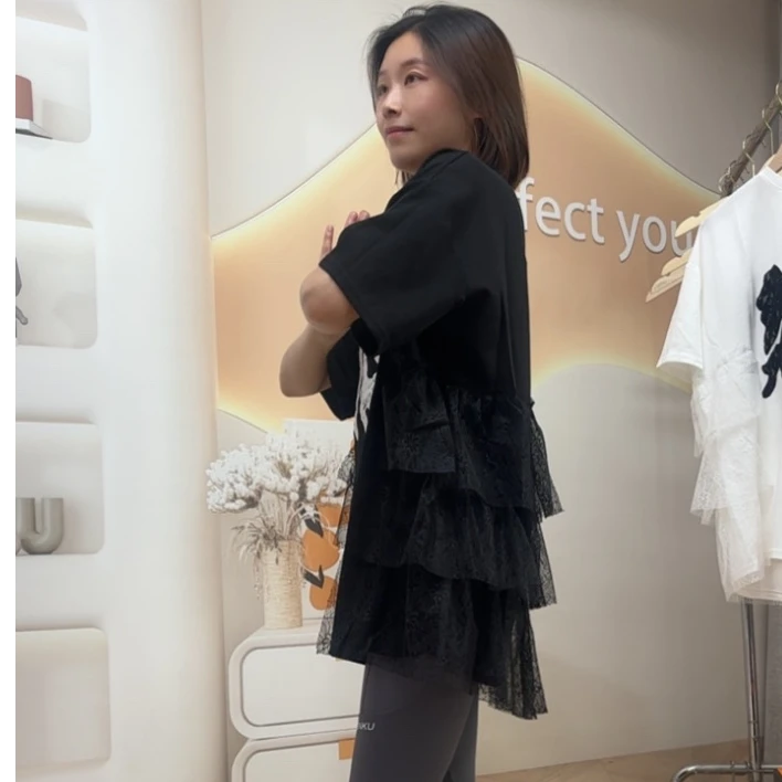 夏季新款后背蕾丝拼接蝴蝶结韩系宽松T恤休闲洋气百搭设计师款