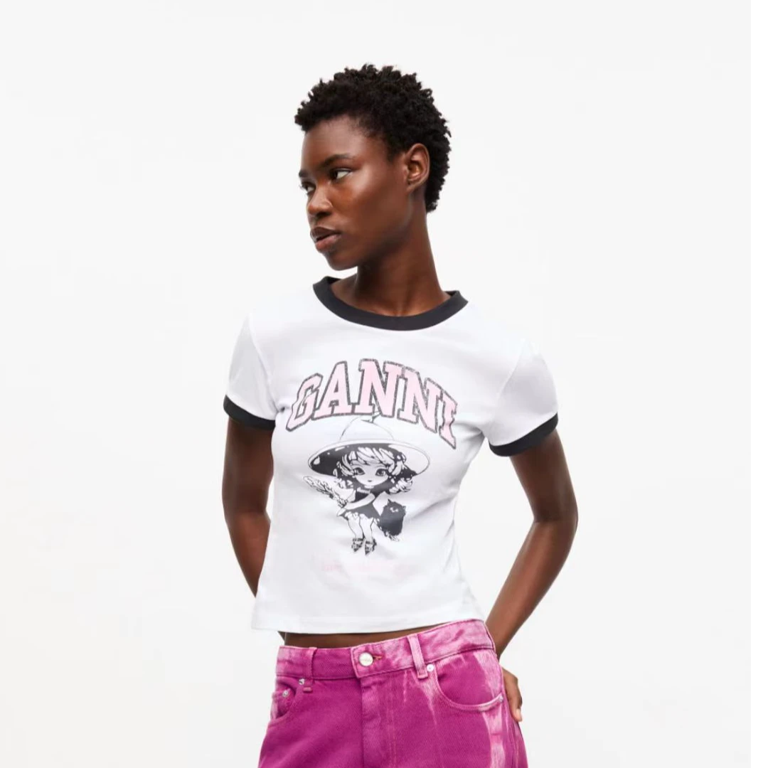 GANNI 设计师品牌【output】 25SS基础袖口黑边T恤