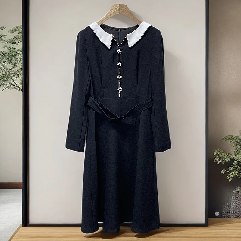 林秀英-小香风  春款都市风撞色翻领系腰带收腰连衣裙8C63105226