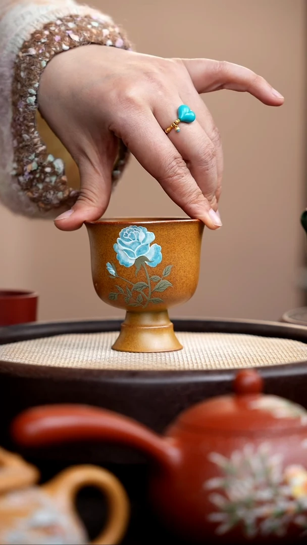 茶壶紫砂柴烧高脚杯蓝花