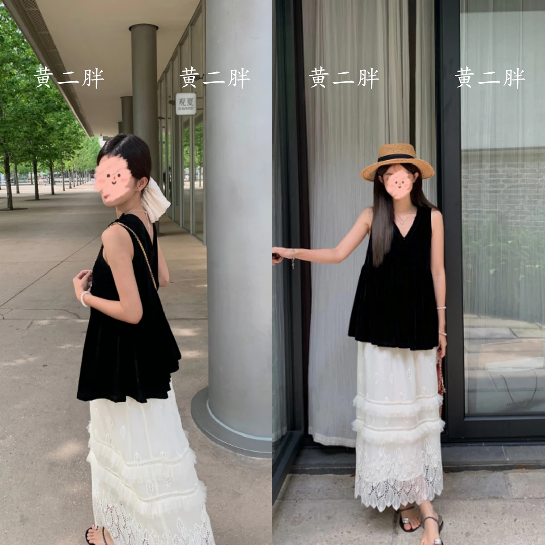 设计感木耳边V领丝绒上衣+超重工镂空绣花半裙两件套