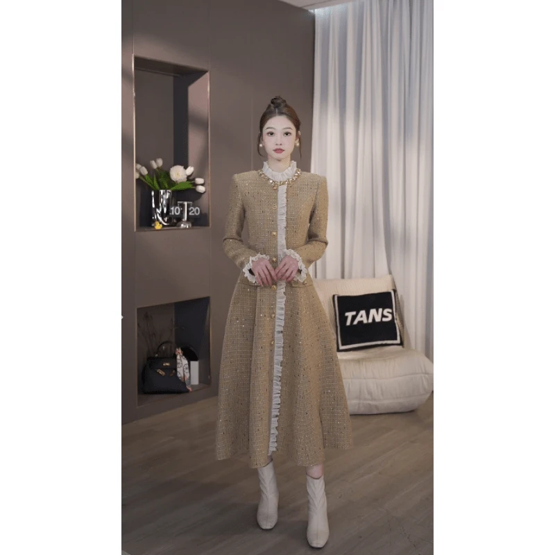 TANS【浪漫巴黎】法式卡其色重工小香风连衣裙冬季加厚长裙