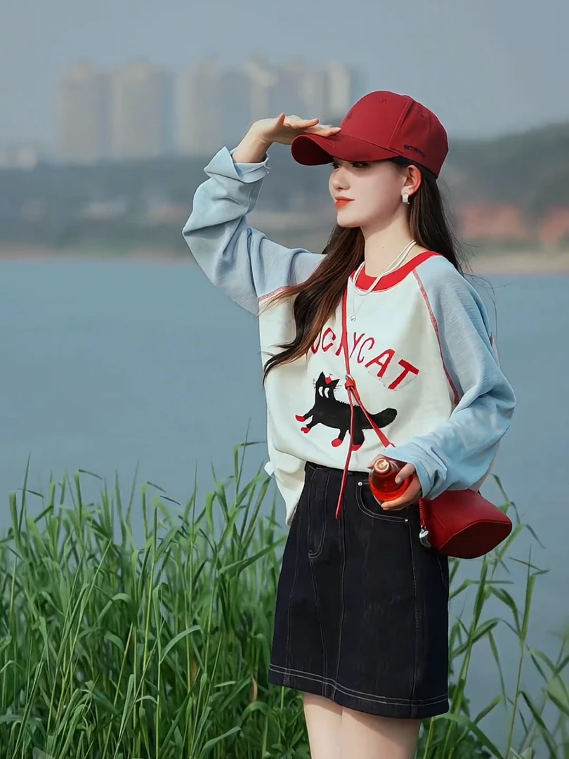 幸运猫春夏撞色插肩袖猫咪图案长袖防晒衣女2025新款宽松百搭上衣