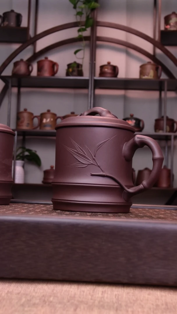 茶杯紫砂手工三面贴竹叶大竹节杯600CC容量