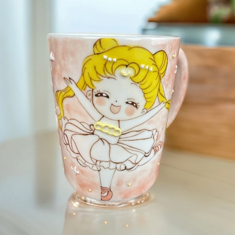 景德镇纯手绘高温釉下彩玉泥美少女马克杯粉色款