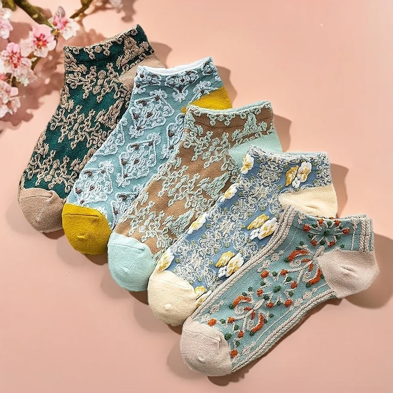 8双宫廷风袜子女繁花低帮短袜小众文艺港风浮雕家用民族风船袜