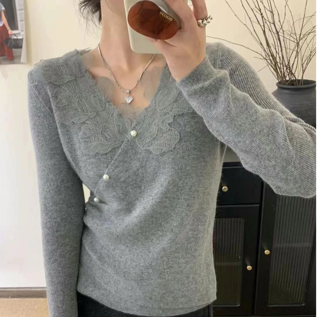 【芊荨精选】2025时尚百搭气质V领蕾丝侧边珍珠扣套头针织开衫S664#