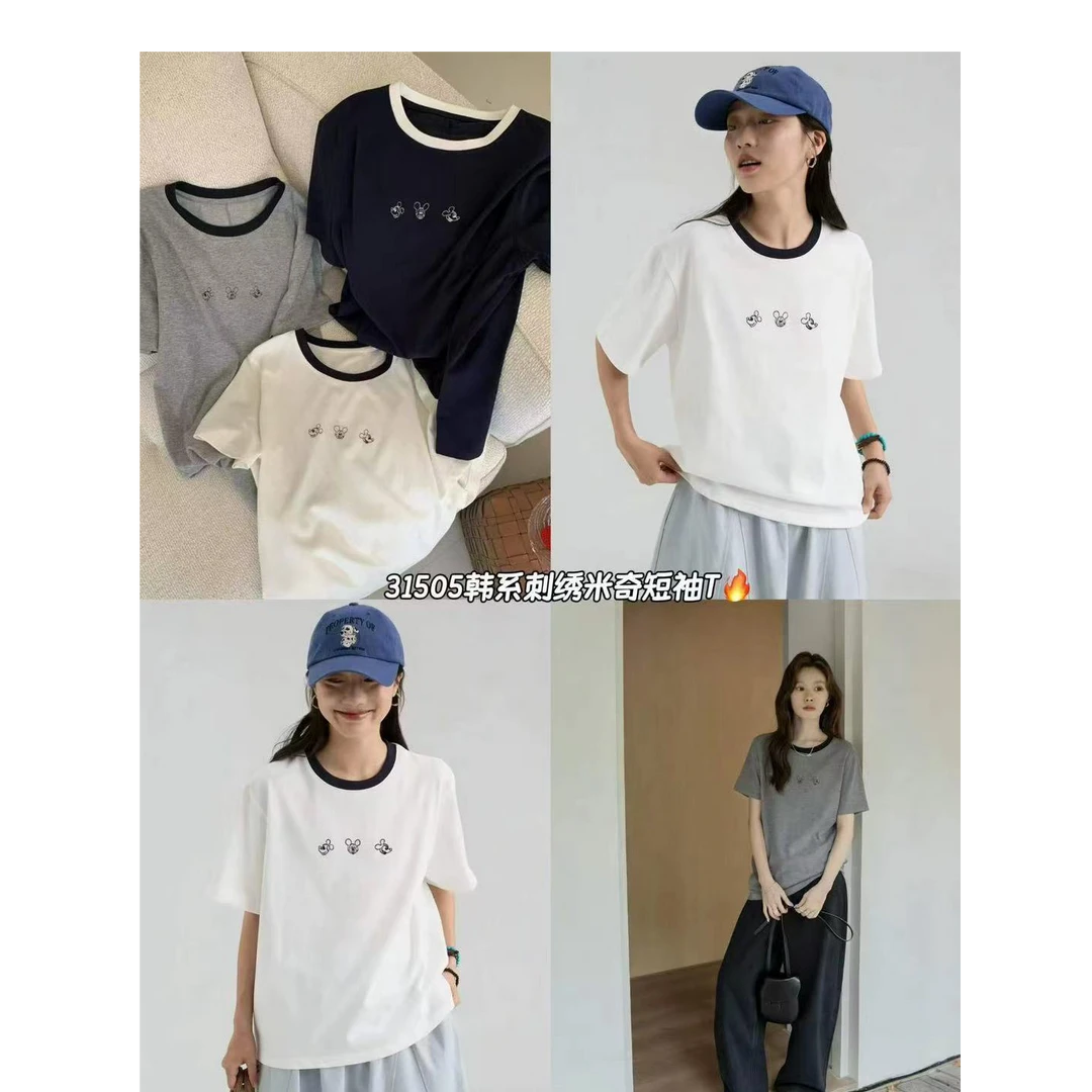 薇莎31505【现货】刺绣米奇撞色领短袖T恤女时尚上衣