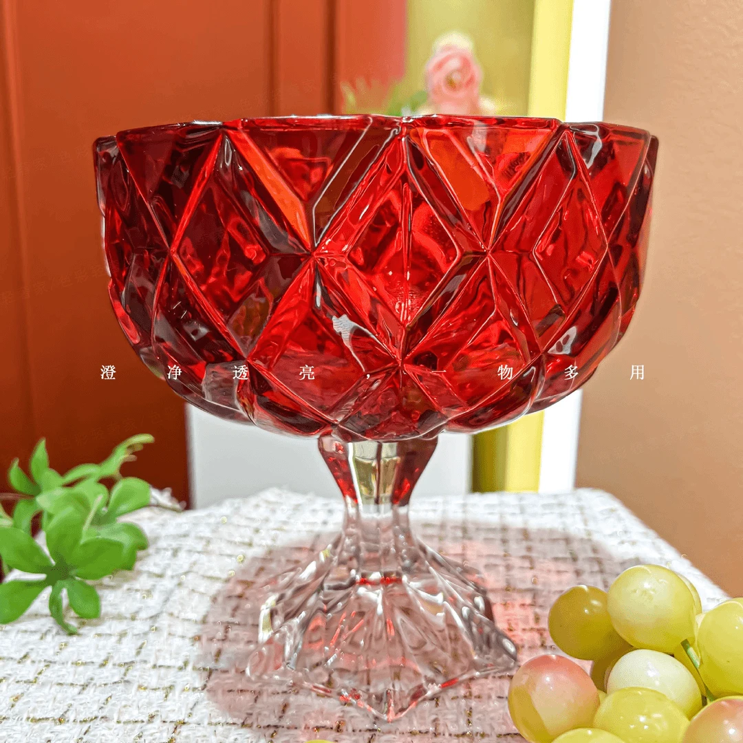[2025新年限定]欧式冰激凌红色果斗水晶玻璃复古风高脚杯水果碗