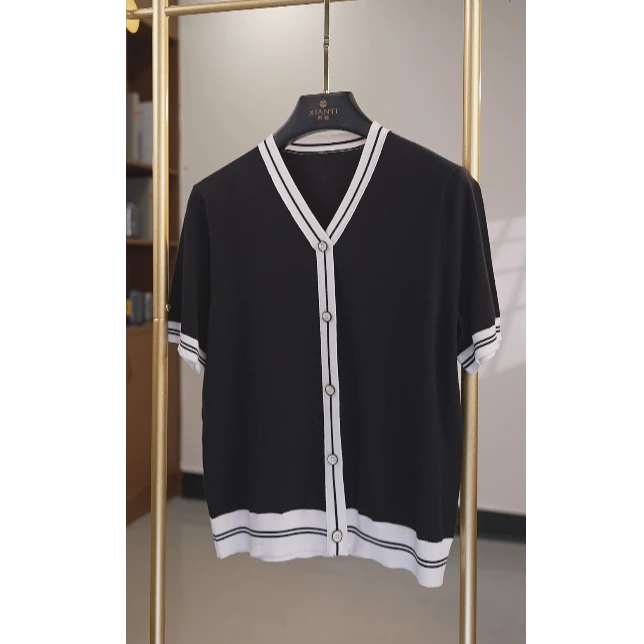 【轻奢-高品】超细海岛长绒棉小香风撞边V领短袖针织衫女夏-2502061