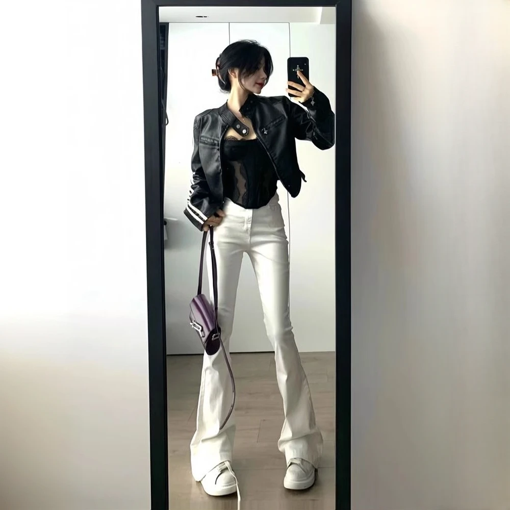 175高个子加长版180白色微喇牛仔裤女高腰显瘦修身弹力垂感马蹄裤