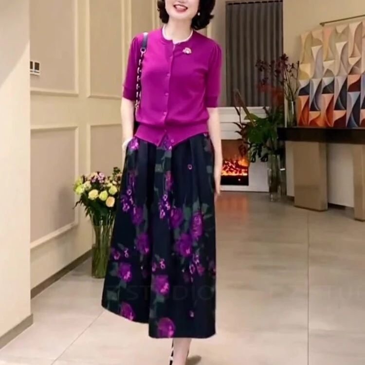 [工厂直销套装] 夏季款玫红色针织上衣玫瑰中长款半身裙9913+Q54
