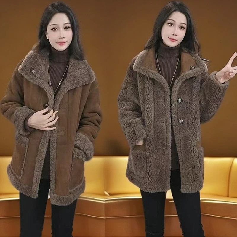 加厚女装洋气时尚冬季中长款皮毛一体保暖冬装双面双穿外套女