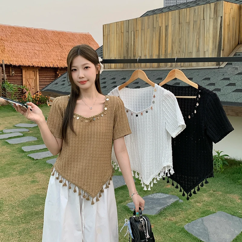 清凉透气波西米亚夏装胖mm大码女百搭显瘦留苏小衫A1355