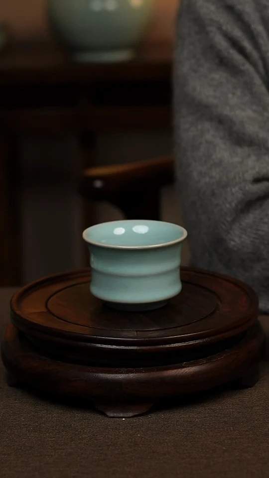 瓷片天青色束腰竹节杯100ml微瑕不带礼盒