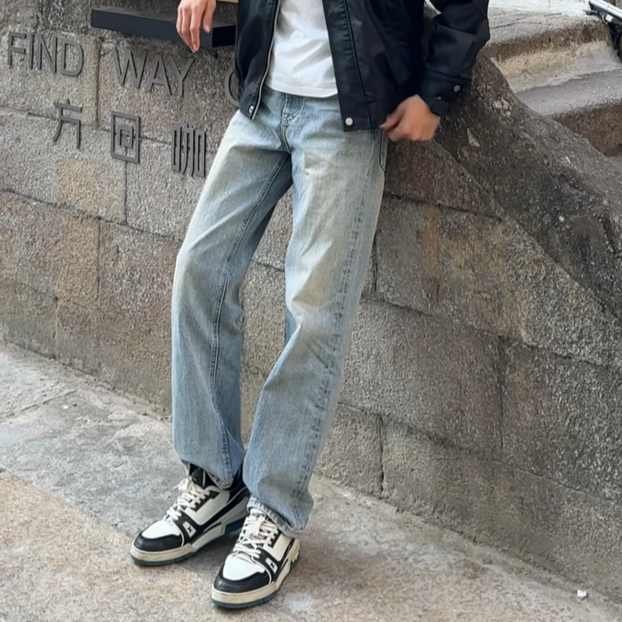 复古做旧水洗磨白直筒牛仔裤男潮流百搭休闲长裤