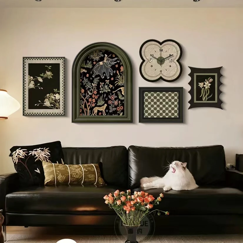 G法式中古风客厅装饰画沙发背景墙挂画复古艺术五联