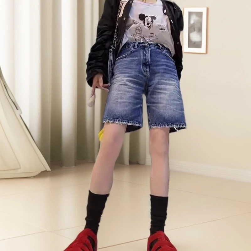 百搭直筒五分牛仔短裤女2025夏季新款高腰显瘦小个子宽松毛边中裤