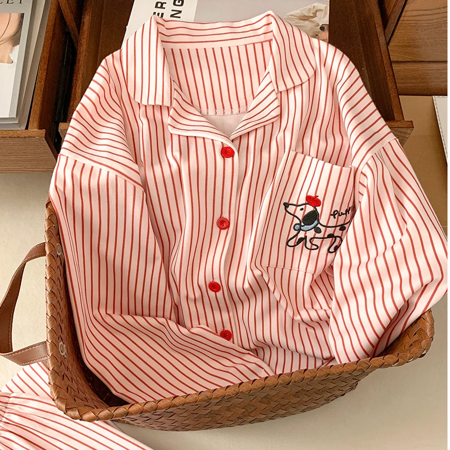 秋季长袖长裤睡衣女纯棉条纹韩版开衫休闲卡通全棉家居服薄款套装