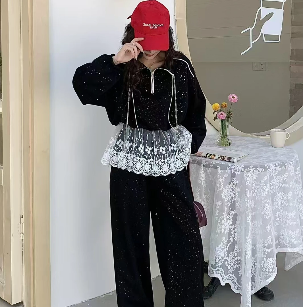 立领拼接蕾丝花边假两件卫衣女春季宽松长袖7933