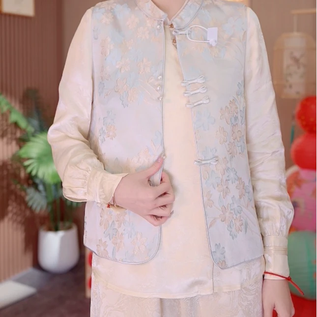 春秋新款时尚立领提花中国风民族风无袖马夹2025A7965-小净