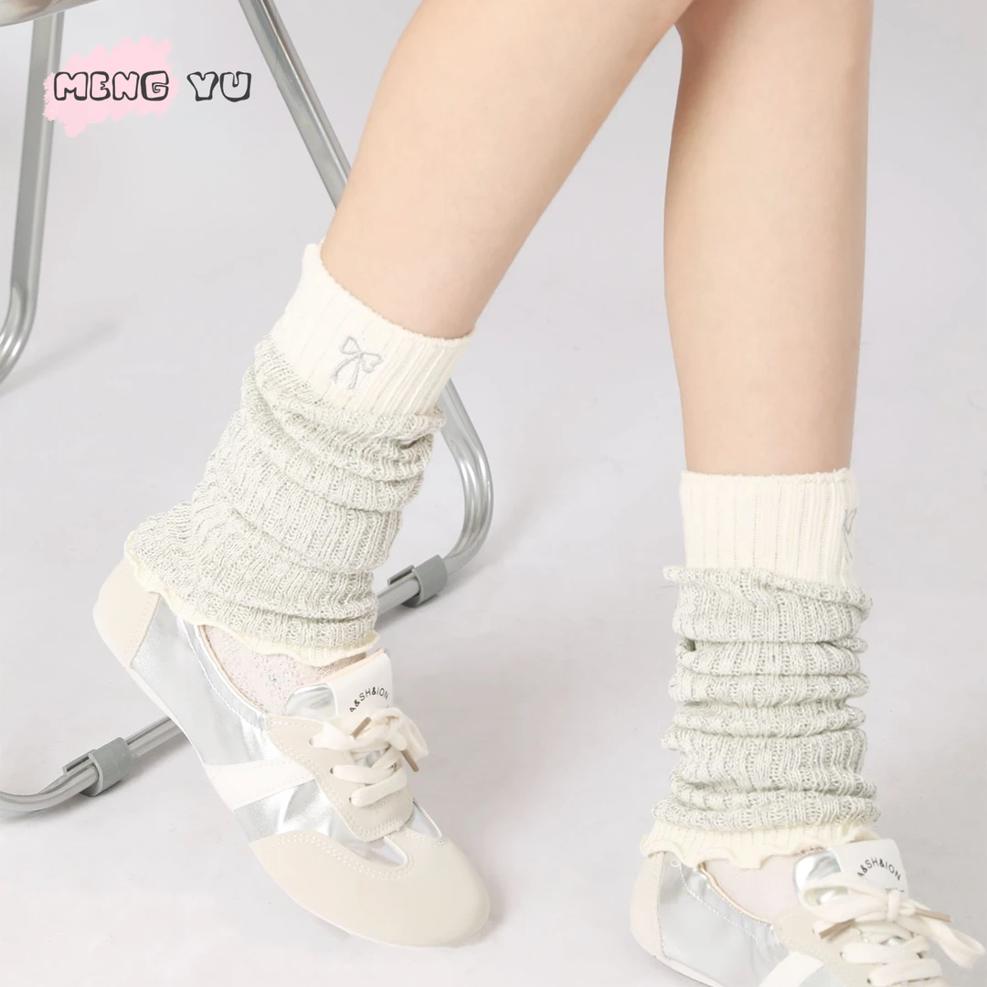 萌欲秋冬ins蝴蝶结百搭毛线针织腿套辣妹y2k甜酷风堆堆袜中筒袜套