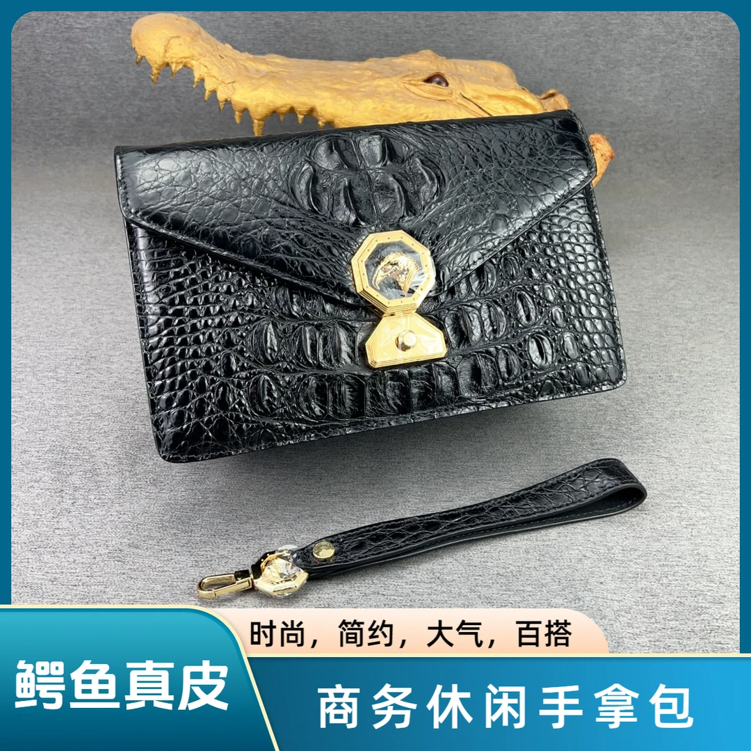 鳄鱼真皮男士时尚手抓包休闲商务男款长款手包手拿包经典百搭黑色