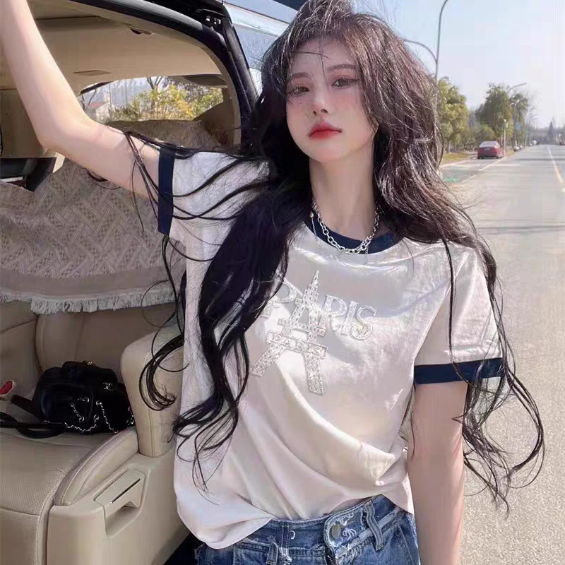 欧洲站雪花棉白色t恤女烫钻巴黎铁塔撞色拼色短袖打底衫夏装洋气